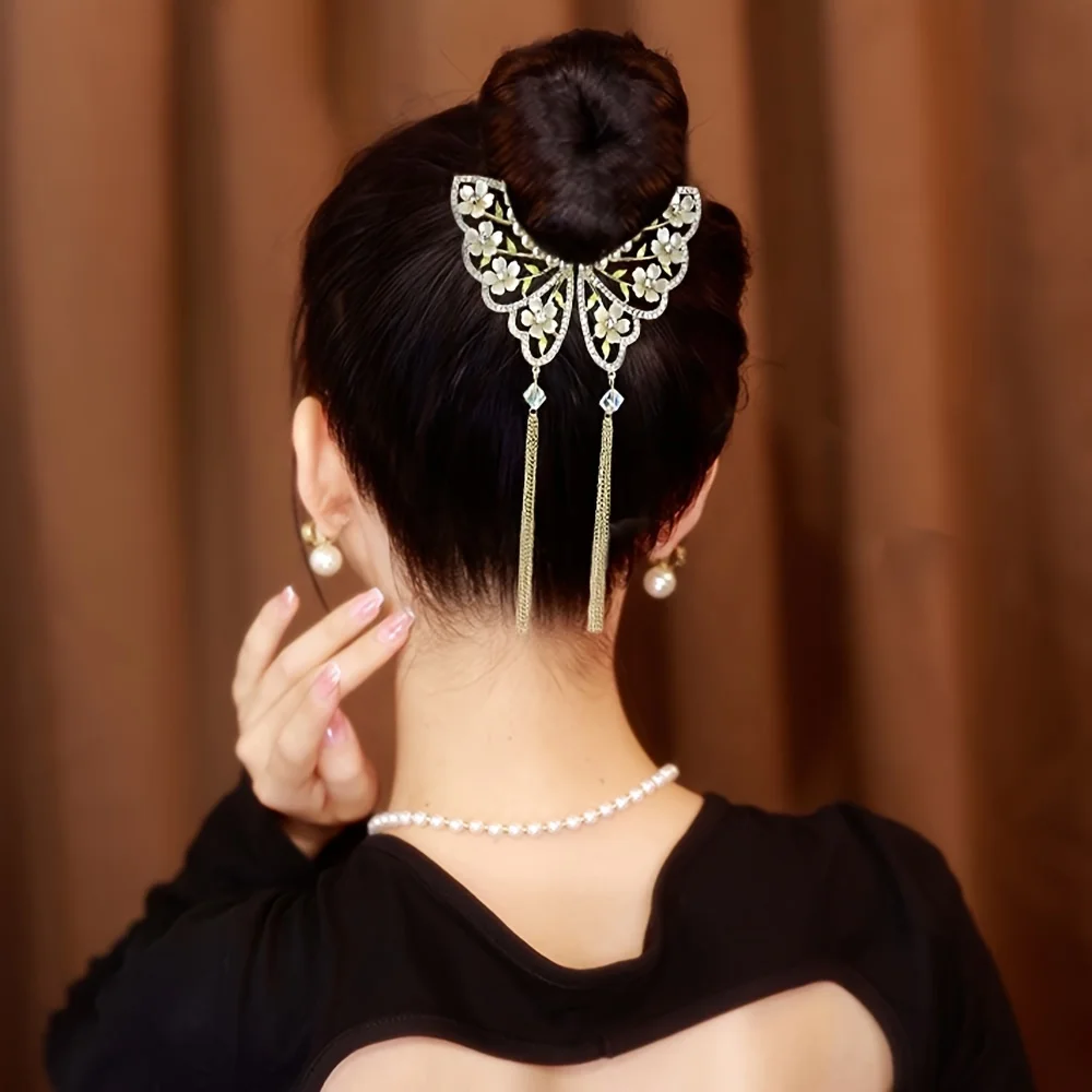 Elegant Faux Pearl Sparkling Rhinestone Valley Flower Decorative Hair Clip With Tassel Ponytail Holder Stylish Hair Barrette