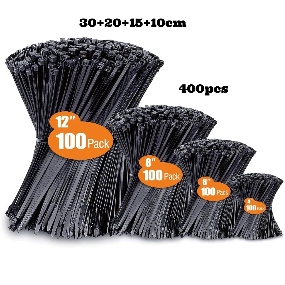Kabelbinder in verschiedenen Größen (4 Zoll + 6 Zoll + 8 Zoll + 12 Zoll), 100/400 Stück, schwarze Kabelbinder, UV-beständig