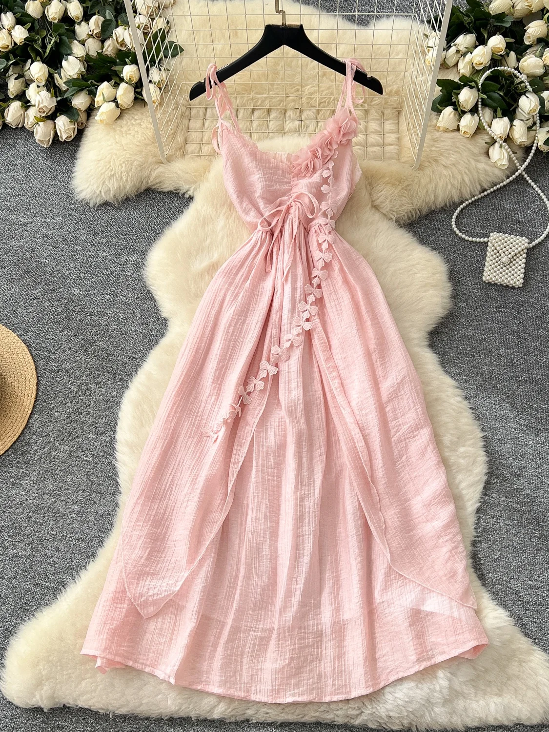 Beach Vaion Irregular Hem Strapl Waist Cinched Floral 3D Design Summer New Sle Women's Dr Korean Sle High Waist