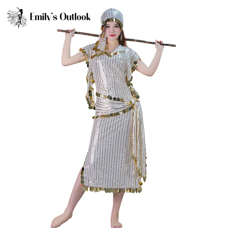 

3 Piece Set Robe Egyptian Folk Dance Baladi Saidi Bamboo Stick Dance Performance Costume Gold-Embossed Fabric Belly Dance Sexy