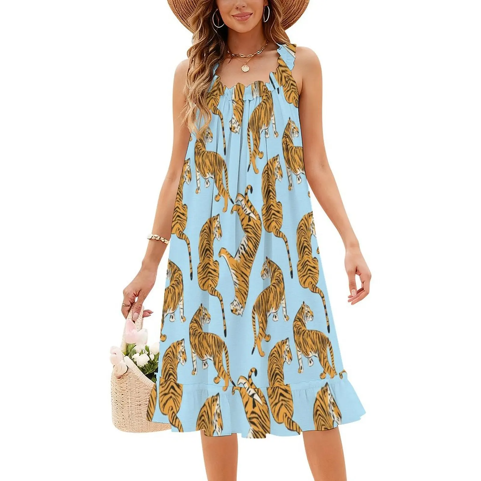 フレンチブルーピンクタイガーリピートプリント-プレッピーモダン韓国スタイルカジュアルドレス女性用シンプルデイリーオフィスレディドレスブルー