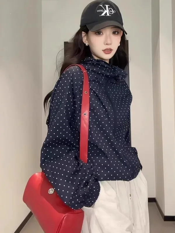 Bla com capuz Proteção solar Jaet Roupa feminina de viagem de verão para ciclismo ao ar livre Polka Dot Long Sve Blusão Sunscr...