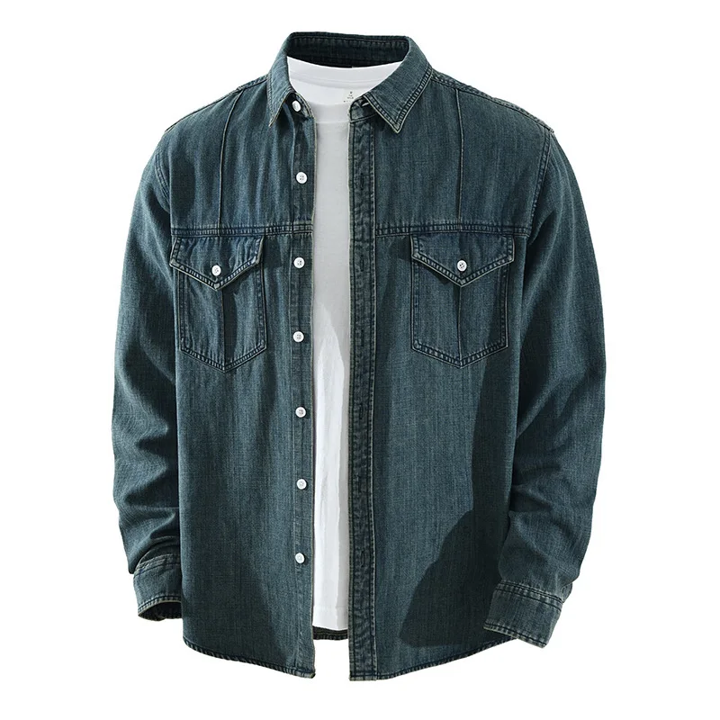 

Мужская джинсовая рубашка в американском винтажном стиле, новая весенняя модель, с длинным рукавом, из хлопка, с отложным воротником и двумя карманами, повседневная