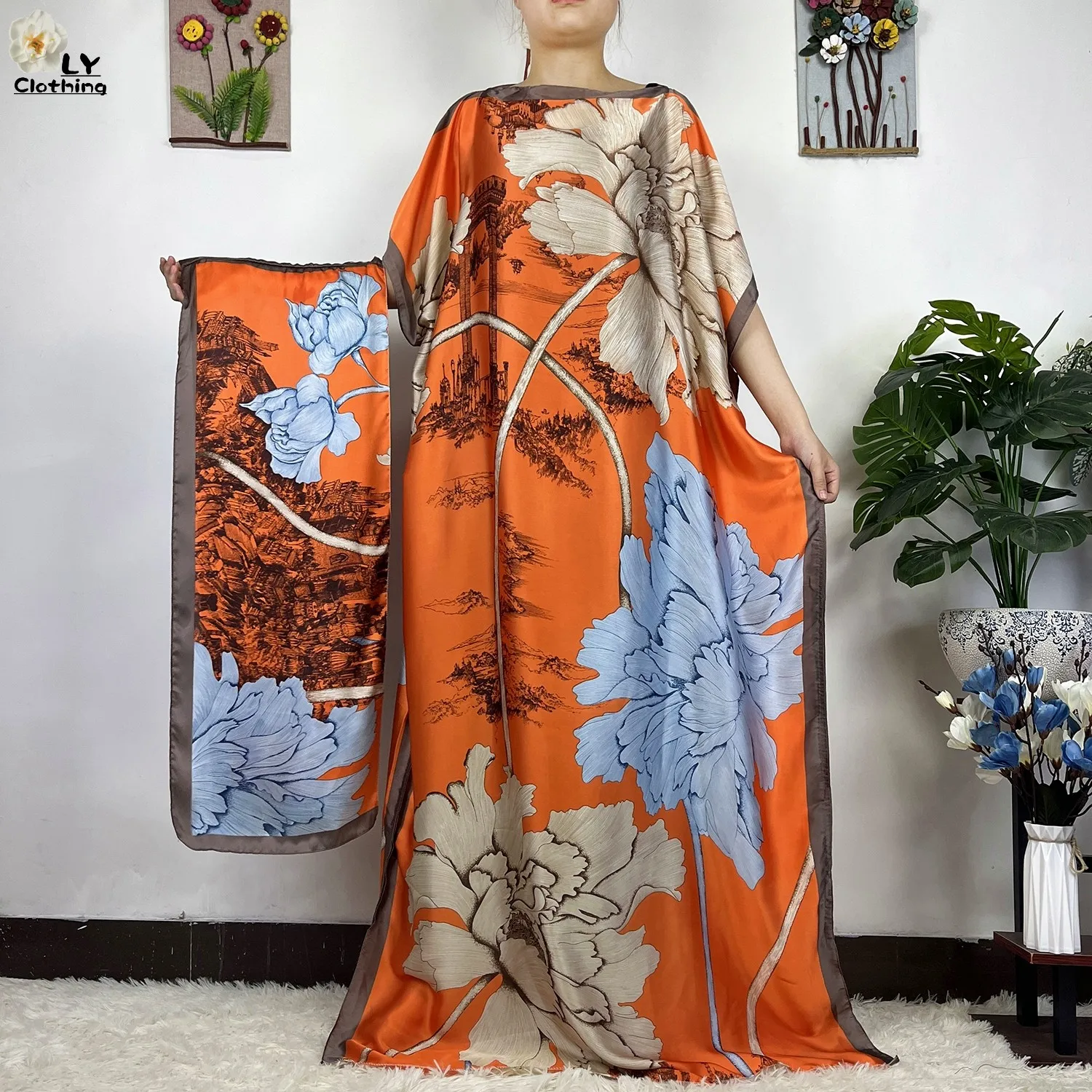 2023 New African Fashion Short Sleeve Colored Pattern Dubai Women Summer Real Silk Soft Printing Loose Tradition Muslim Dress