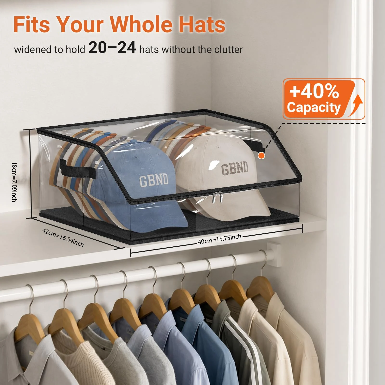 Stackable Hat Organizer Holds 22 Caps, Clear Hat Storage for Baseball Caps, Large Hat Box Display for Closet with Handles