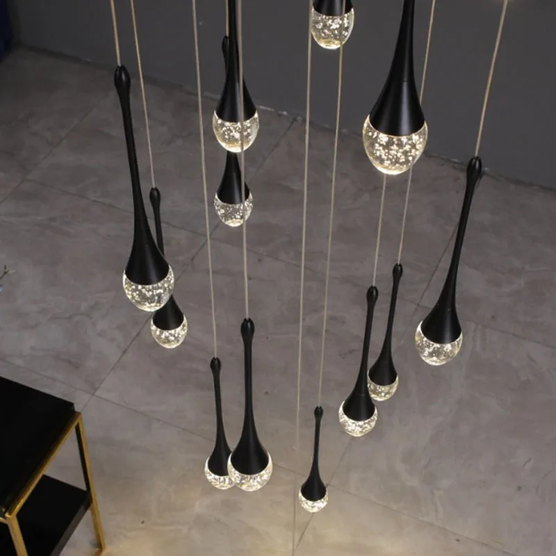 Modern simple LED stair chandelier golden duplex attic living room creative crystal water drop spiral long Chandelier