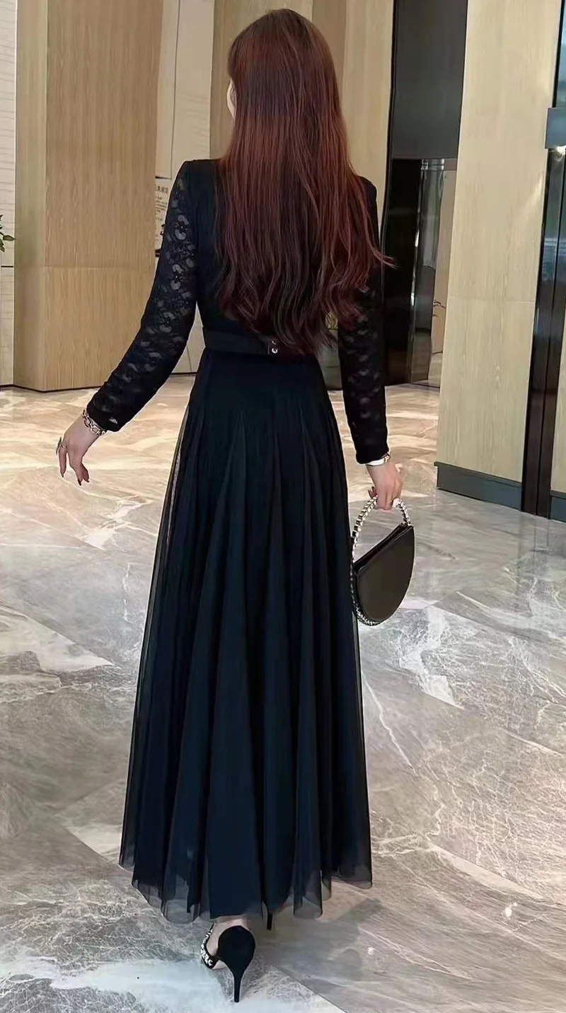 Top Quality New 2023 Spring Long Dress Evening Party Women scollo a v Lace Tulle Mesh Patchwork manica lunga Black Maxi Dress Luxury