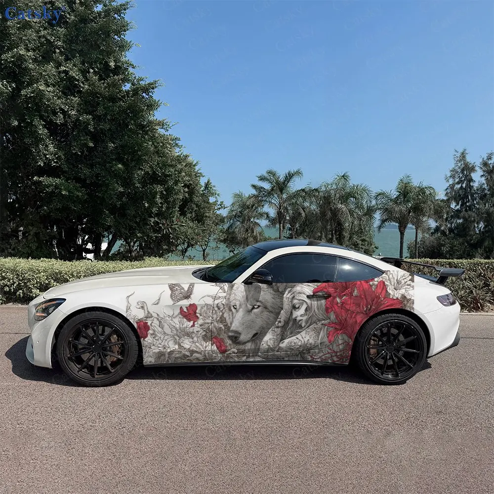

2pcs Gothic Wolf & Tattooed Girl Red Rose Spider Lily Car Sticker Car Side Decals | Self-Adhesive PVC Waterproof & Scratch-Resis