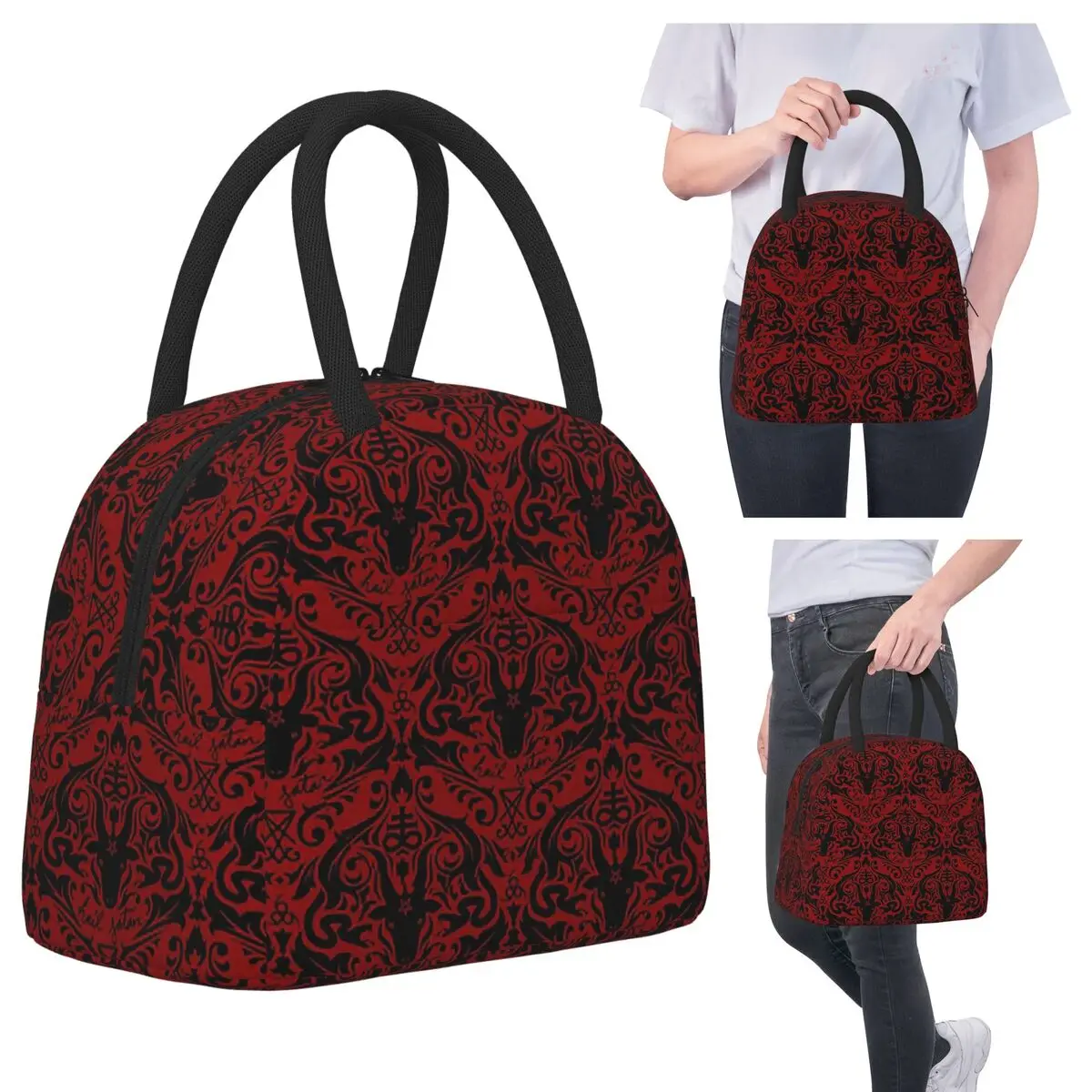 

Дамасский - Hail Satan (Black & Red Default) Сумки для обеда Изолированная коробка для бенто Портативная сумка для обеда и пикника Термосумка для женщин