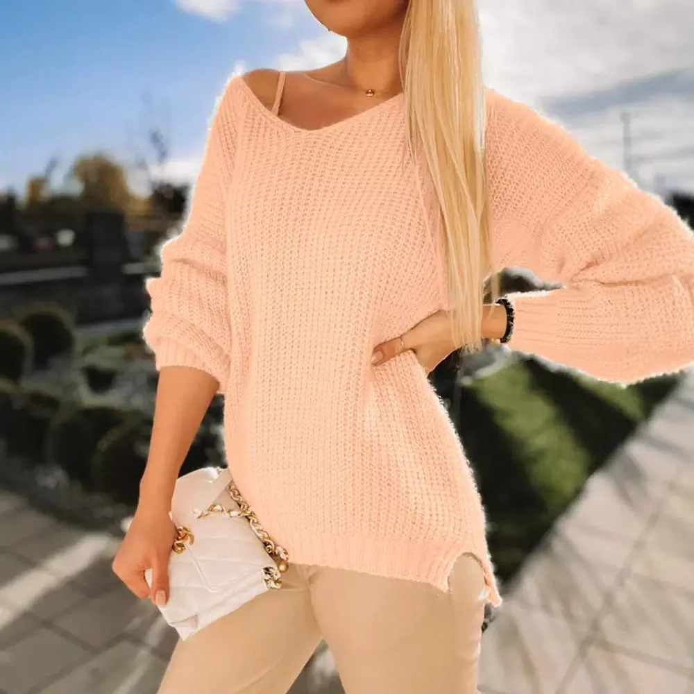 Pulowery Damskie Topy Swetry z dzianiny Wydrążony dekolt V Pełny rękaw Casual Regular Top Swetry Elegancki Splice Jesień Zima