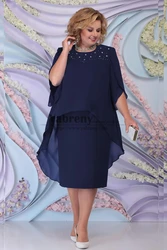 Plus Size Tea-Length Women's Dress, Dark Navy Chiffon Mother Of The Bride Dress