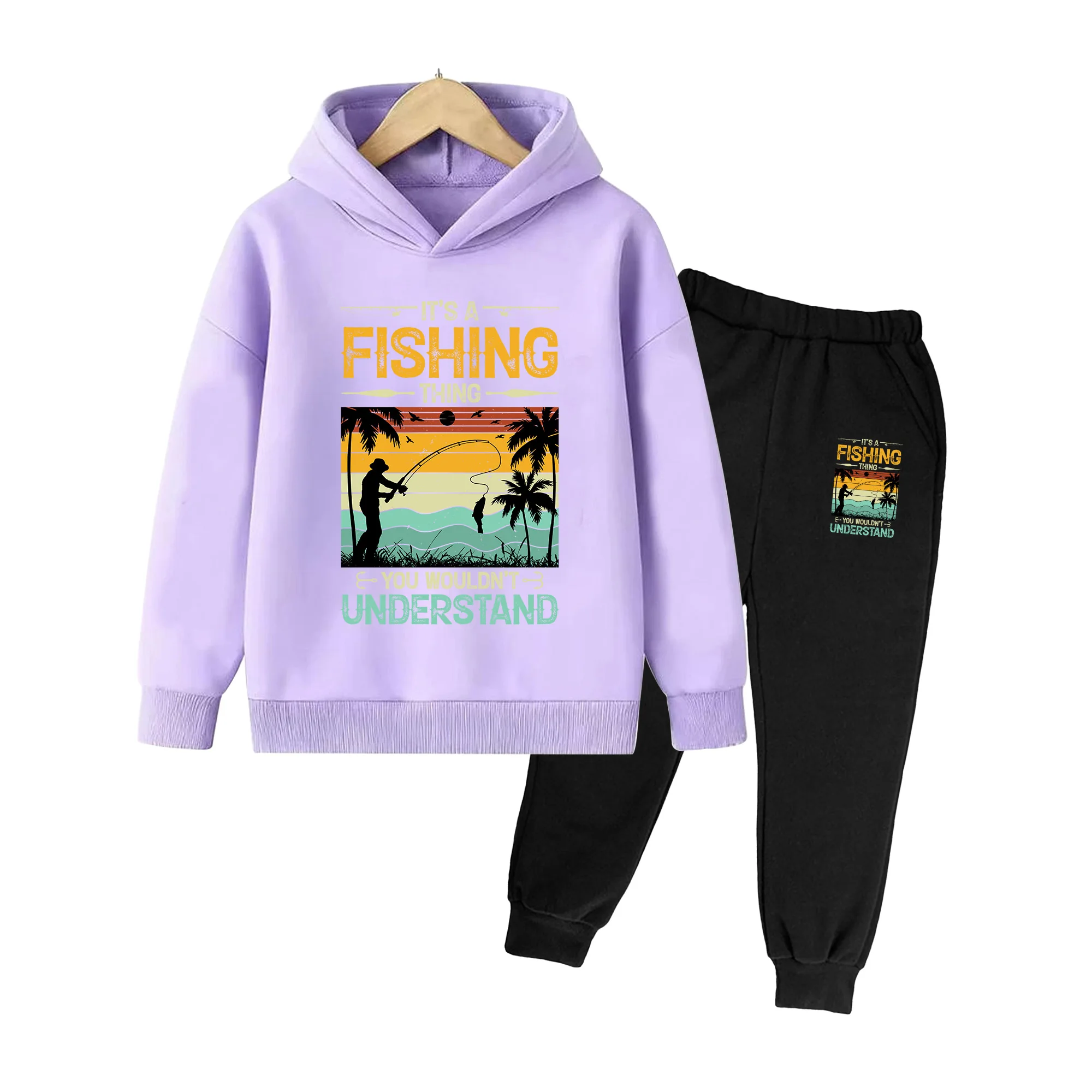 Kids Boys Girls Fishing Print Hoodie and Sweatpants Set Casual Outdoor Beach Fishing Sports Tracksuit Outfit