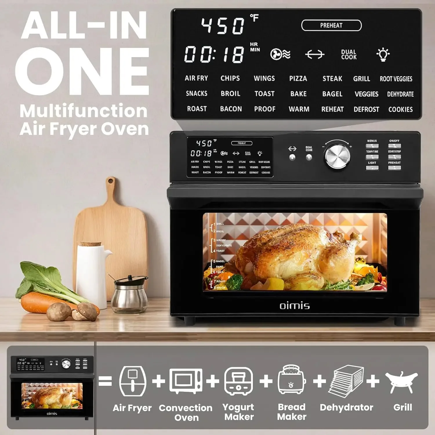 Oimis-x-large Air Fryer , 32qt, Toaster Oven, Rotisserie  Black Combo, 21 In 1 Countertop