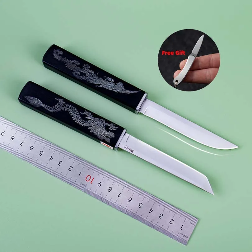 

M390 Нож 2-в-1 «Дракон и Феникс» Открытый портативный маленький прямой нож Нож ручной работы высокой твердости Черный цвет Деревянная ручка