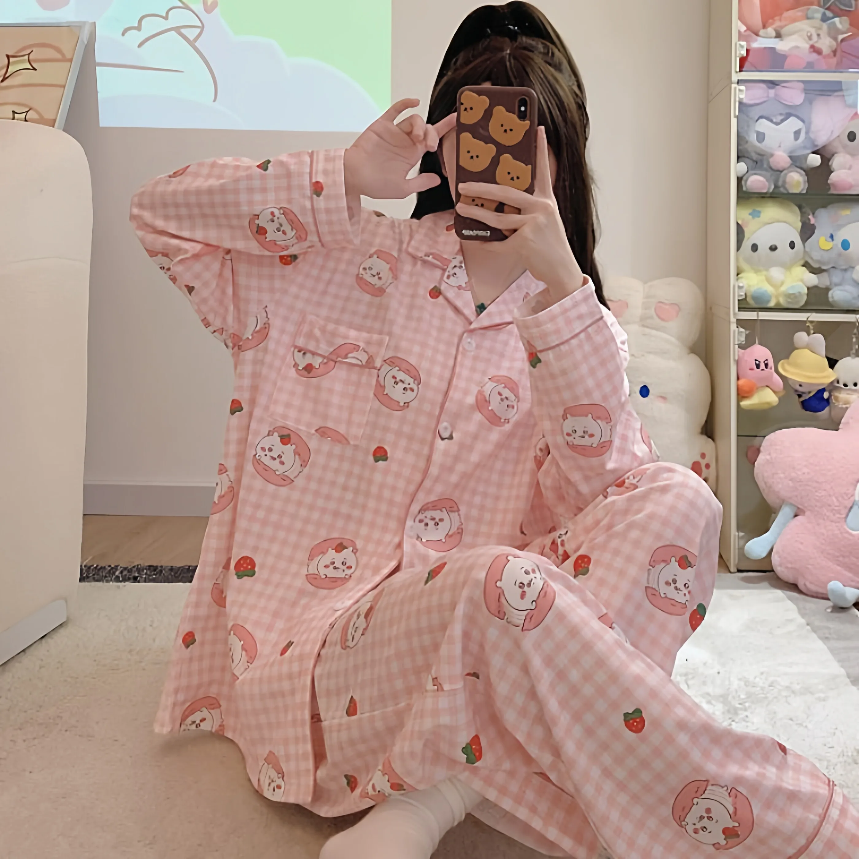 2Pcs Anime Chiikawa Pajamas Hachiware Homewear Cartoon Loose Long-Sleeved Shirt and Pants Household Clothes Cute Nightwear Gift