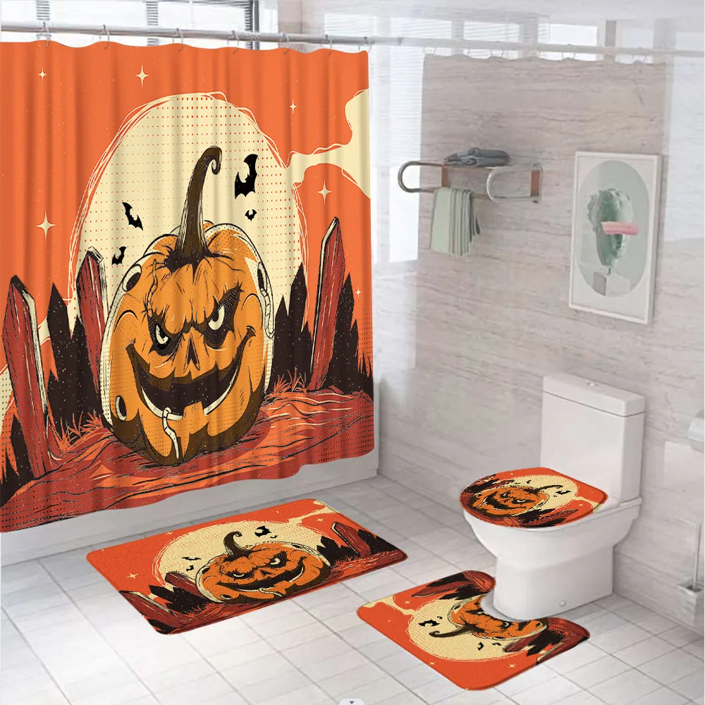 Halloween Witch Shower Curtain Set Dead Tree Pumpkin Bat Full Moon Bathroom Decor Screen Non Slip Bath Mat Rug Toilet Cover Home