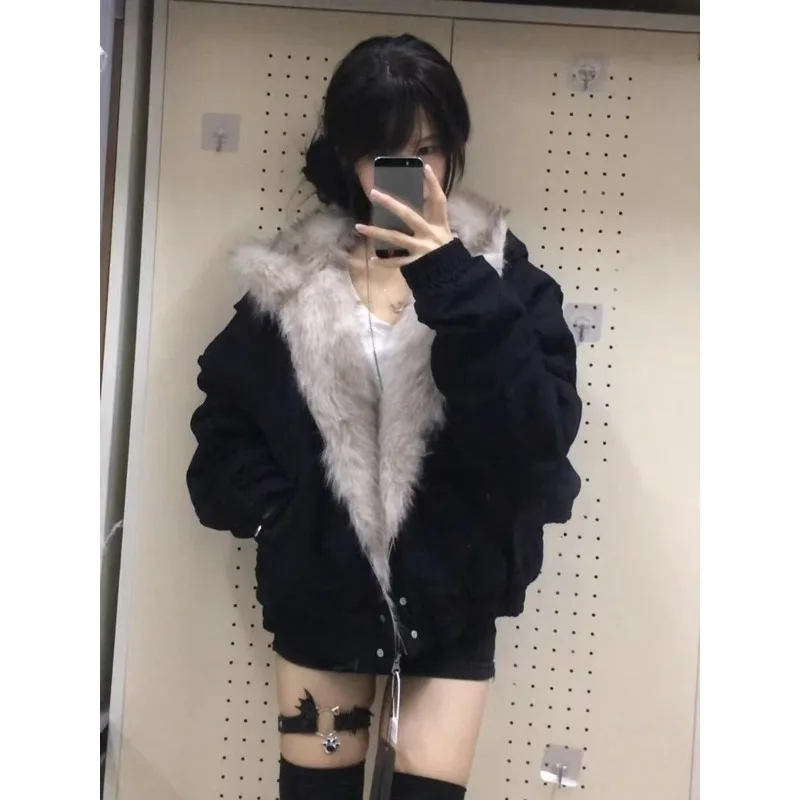 

Faux Fur Coats Women American Vintage Jackets Long Sleeve Hooded Office Lady Trench Winter Clothes Y2k Grey Jackets Streetwear