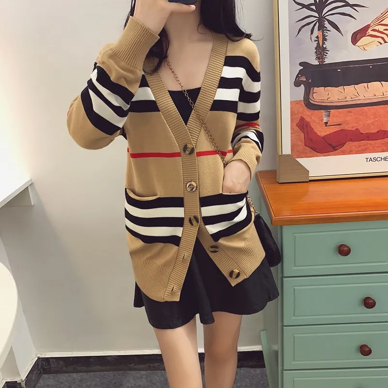 Women\'s sweater women\'s jacket cashmere cardigan mid-length knitted jacket V-neck loose striped sweater thin ladies trench coat