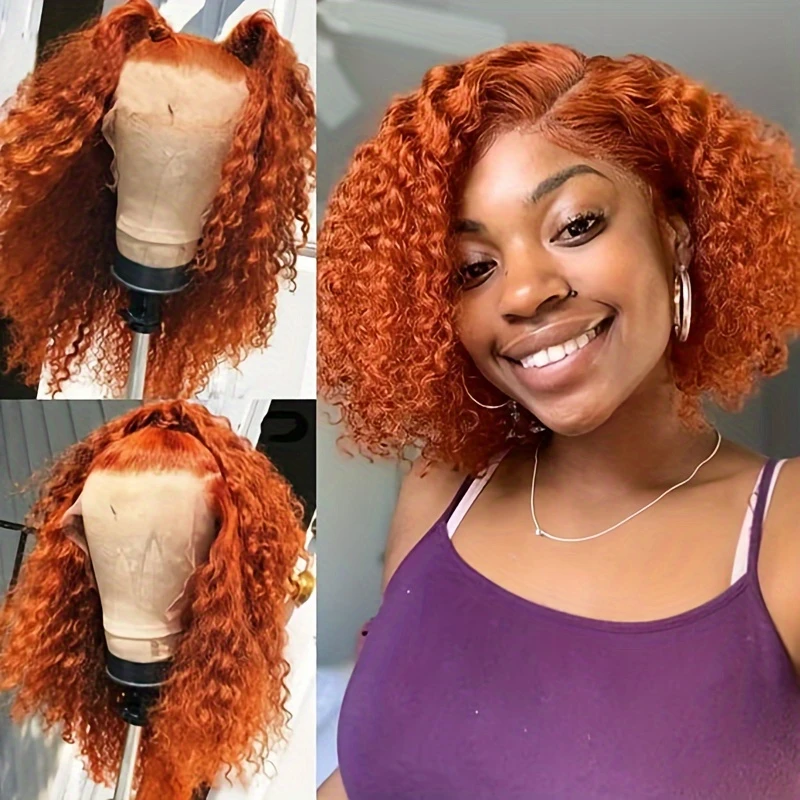 

Ginger Orange Colored Water Wave 13x4 Transparent Lace Front Human Hair Wigs For Women Short Bob Human Hair Wigs