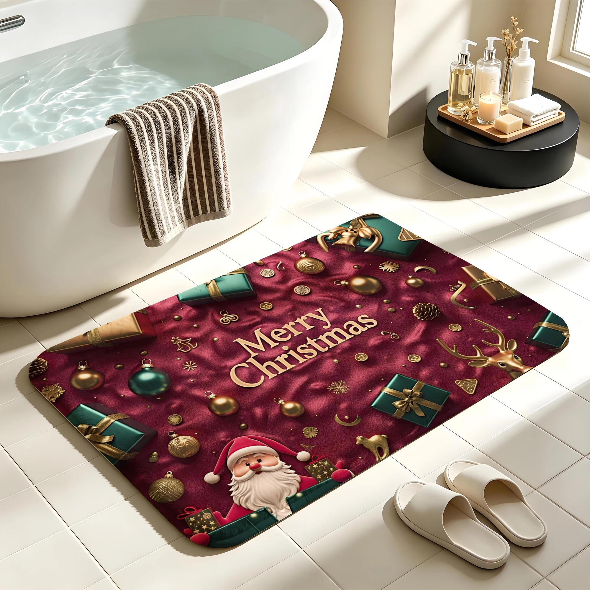 Luxury 3D Santa Gift Box Ornament Print Plush Absorbent Sponge Mat,Bathroom Non‑Slip Mat & Decorative Door Mat