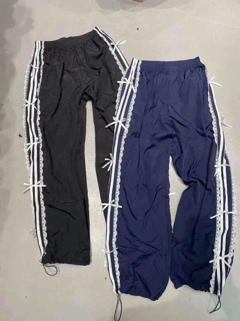 

Korean Elastic Waist Lace Patchwork Stripe Bow Casual Pants Spring New Loose Spice Girl High Street Sweat Pants Y2k Pants