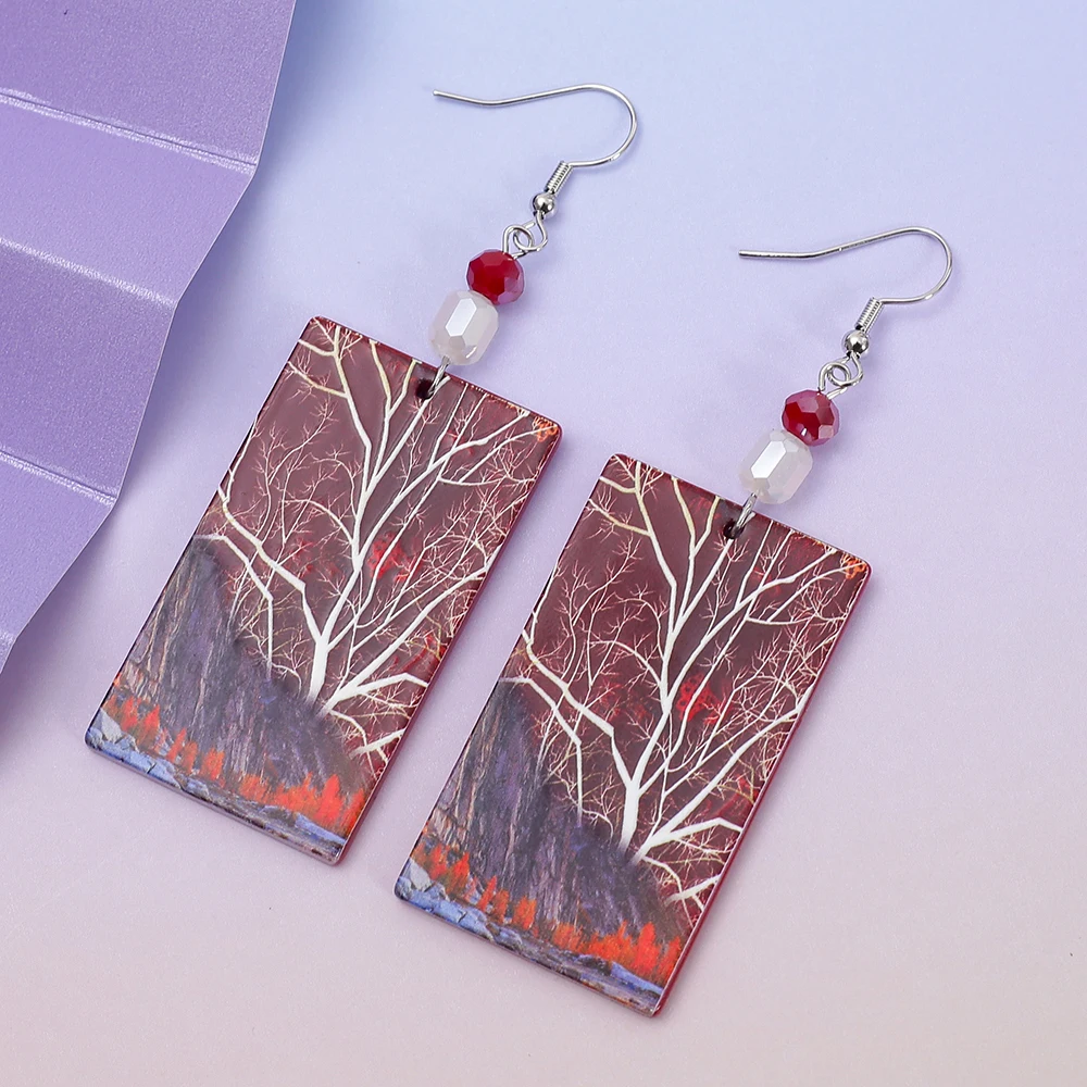 New In Fashion Acrylic Vintage Earrings For Women Elegant Hot Selling Jewelry Red Brown Print Forest Tree Pattern Trend 2024