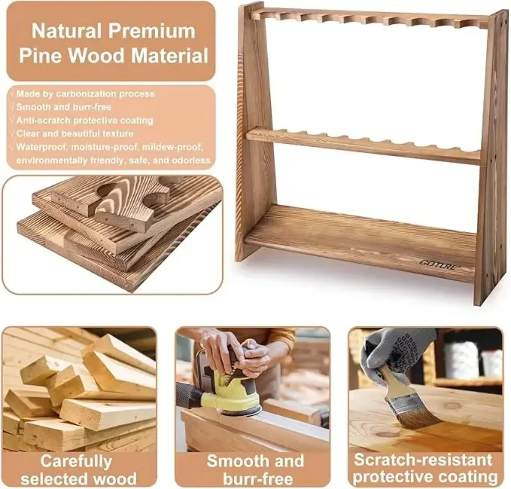 Goture Carbonized Pine Wood Fishing Rod Rack 10 Slots Floor Rod Holder Easy Assemble Removable for Display Organizer All Rods view 3