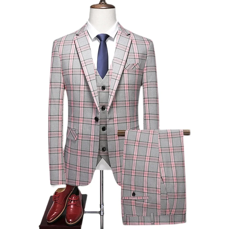 High-end New European and American Fashion Wedding Business (suit + Vest + Trousers) 2024 Men's Plaid Suit Three-piece Set