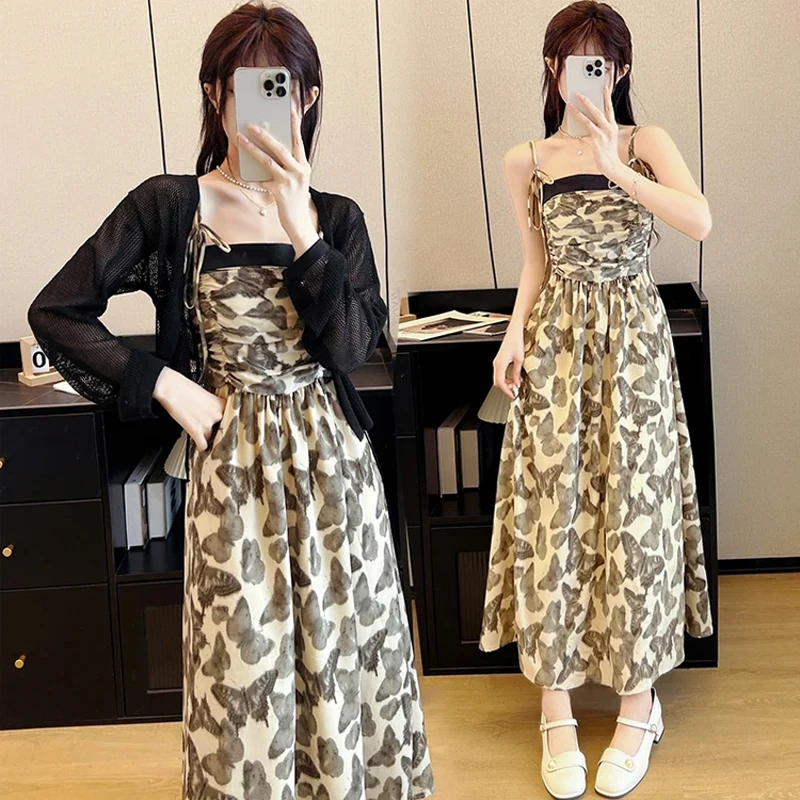 Spring Summer Two-piece Set For Women Hollow Out Smock Tops And Print Pleated Sling Dress Female Large Size Casual Matching Suit