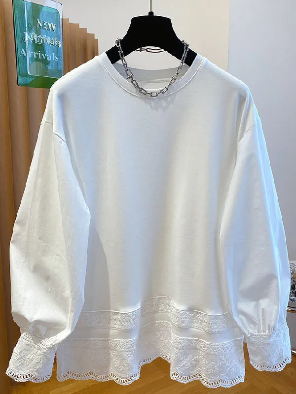 

plus Size Women's Long Sleeve T-Shirt Lace Trim Spring Base Layer Shirt White Inner Wear Casual Loose Fit Polyester Fiber