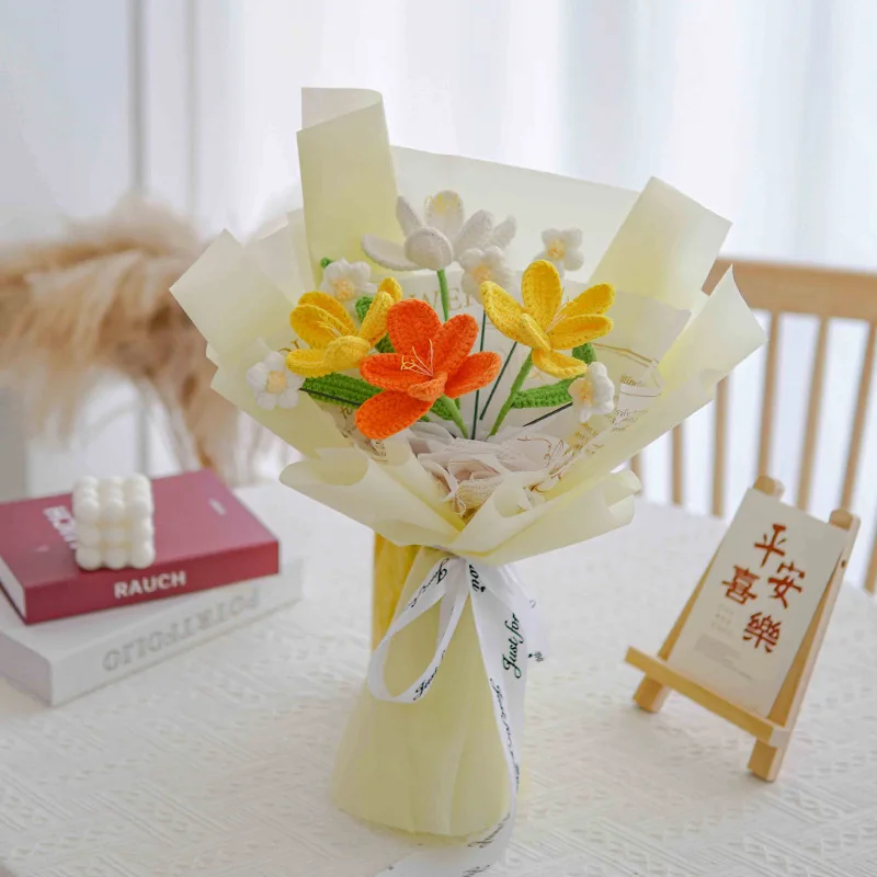 Finished Knitted Flowers Bouquets Artificial Tulip Crochet Bouquet Creative Gifts For Valentine Mothers' Day Birthday Graduation
