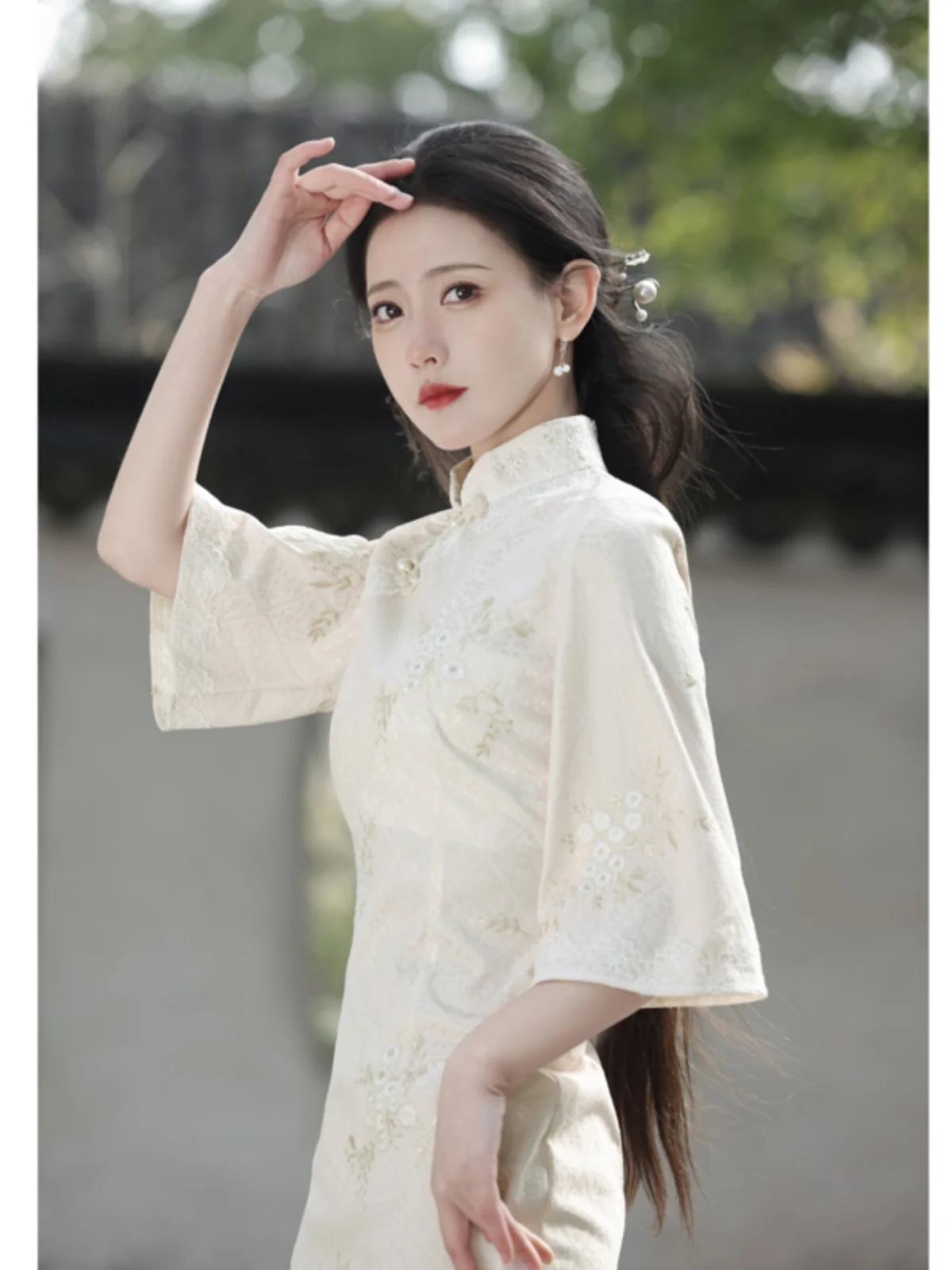 

Белое длинное платье-ципао Ele для молодых женщин, летняя новая версия, свадебное, традиционное китайское, для молодых женщин, модное.