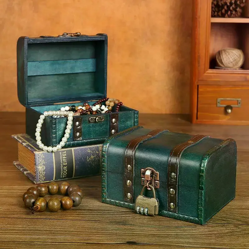 Retro Wooden Storage Box With Lock Retro Treasure Jewelry Necklace Postcard And Small Objects Storage Case Trinket Chest
