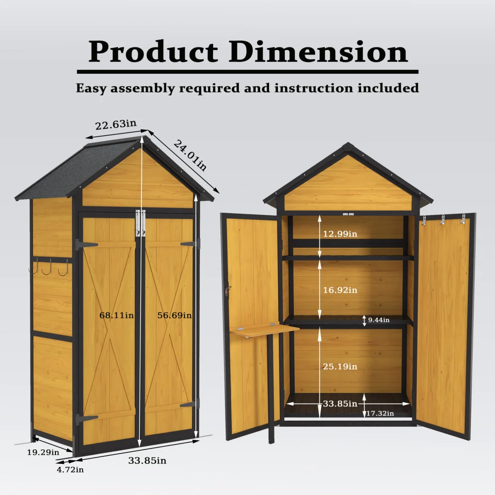 Outdoor Storage Shed With Waterproof Roof Lockable Door Removable Shelves Foldable Work Tabletop And Hooks For Backyard Garden