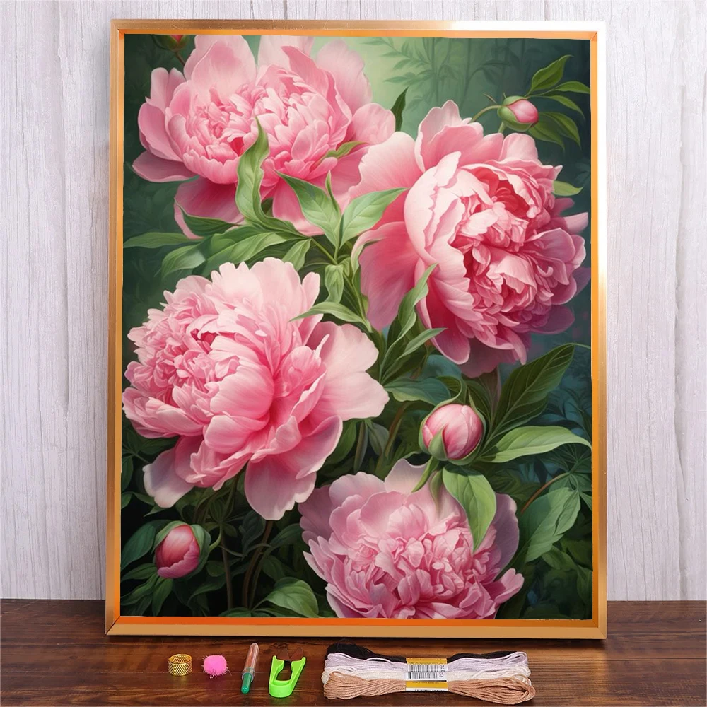 

Full Pattern DIY Embroidery Kit For Beginner Peony Flowers Printed Cross Stitch Needlework Sewing Art Handmade Craft Decor Gift