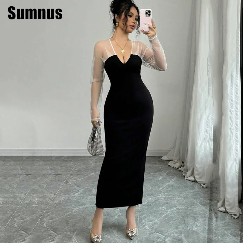 SUMNUS Black Mermaid Prom Dress Elegant V-Neck Long Sleeves Evening Dresses Ankle-Length Formal Gowns Contrast Color Customized