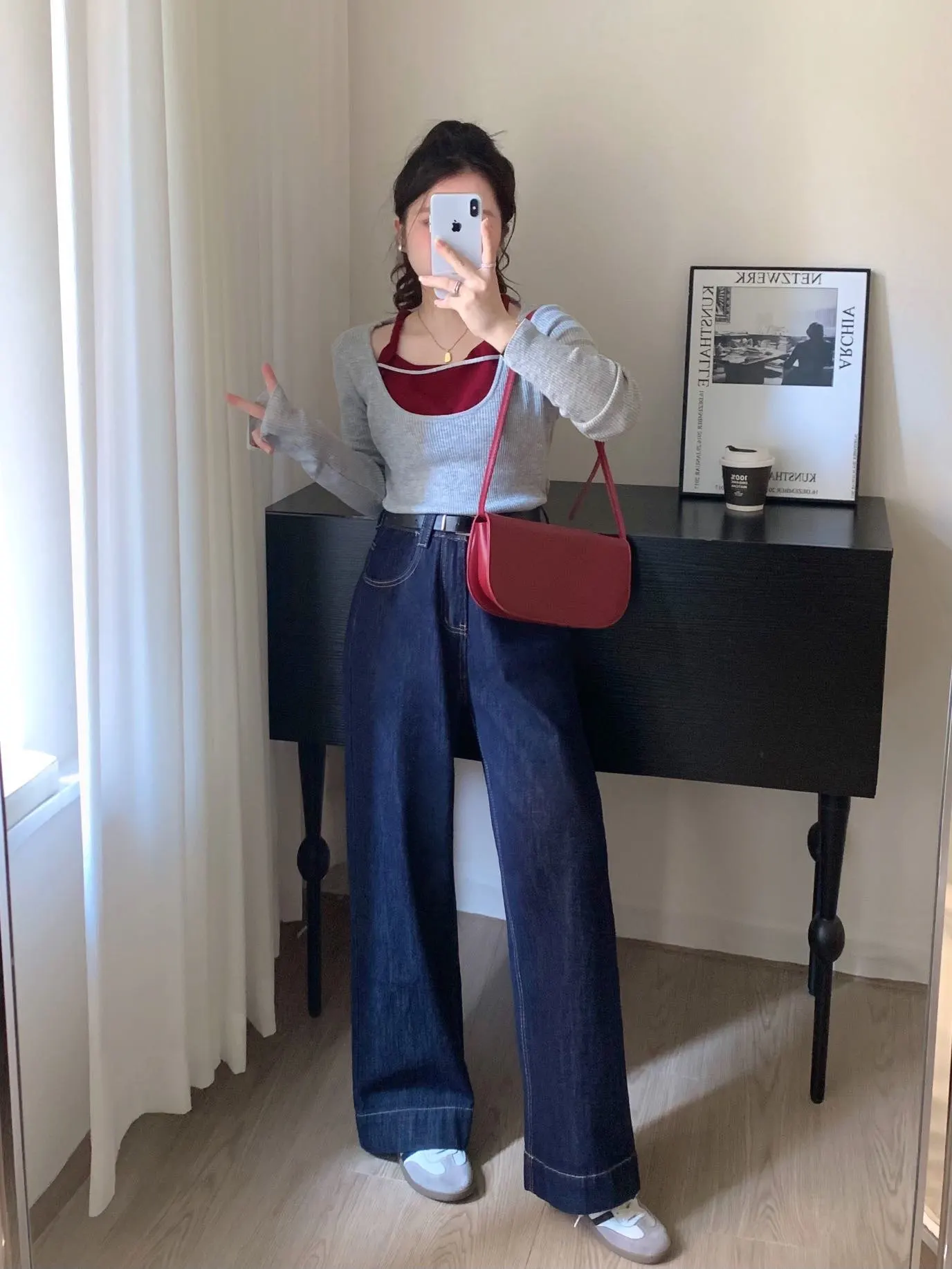 

Повседневные широкие джинсы с высокой талией, женские свободные прямые брюки для похудения грушевого типа, каштановый цвет, ретро Sle