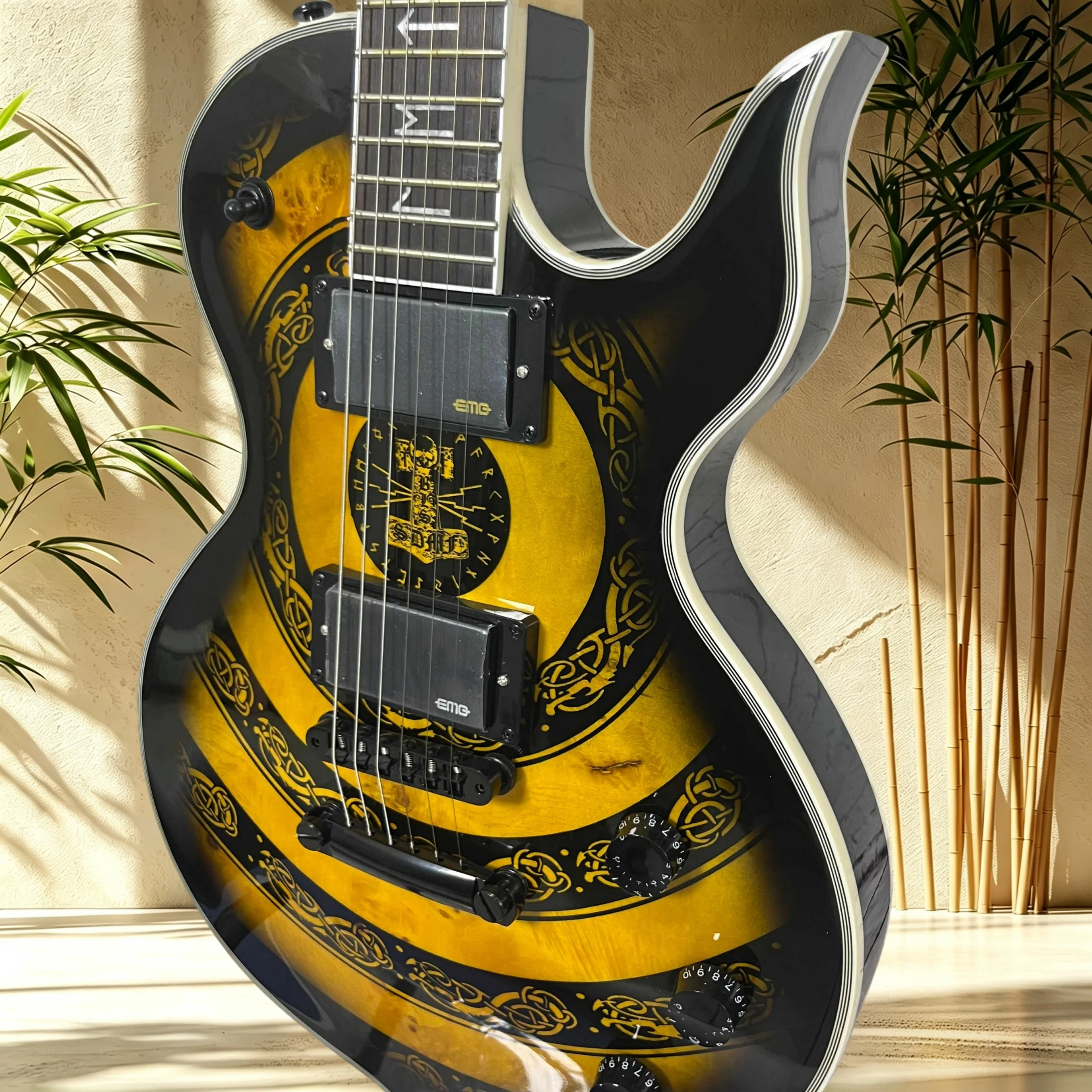Electric Guitar Mahogany Body Black Gold Totem Graphic Gloss Finish Special Symbol Block Inlay EMG Humbuckers Black Hardware