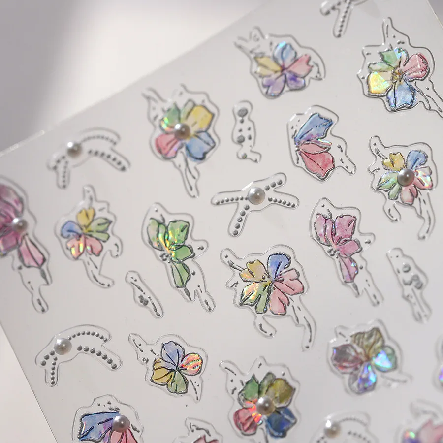 -Lucky Flower- Translucent Colorful Petals DIY Stickers White Lines Contour Shellpiece Flower Decals Spring Nailfit Stickers 404