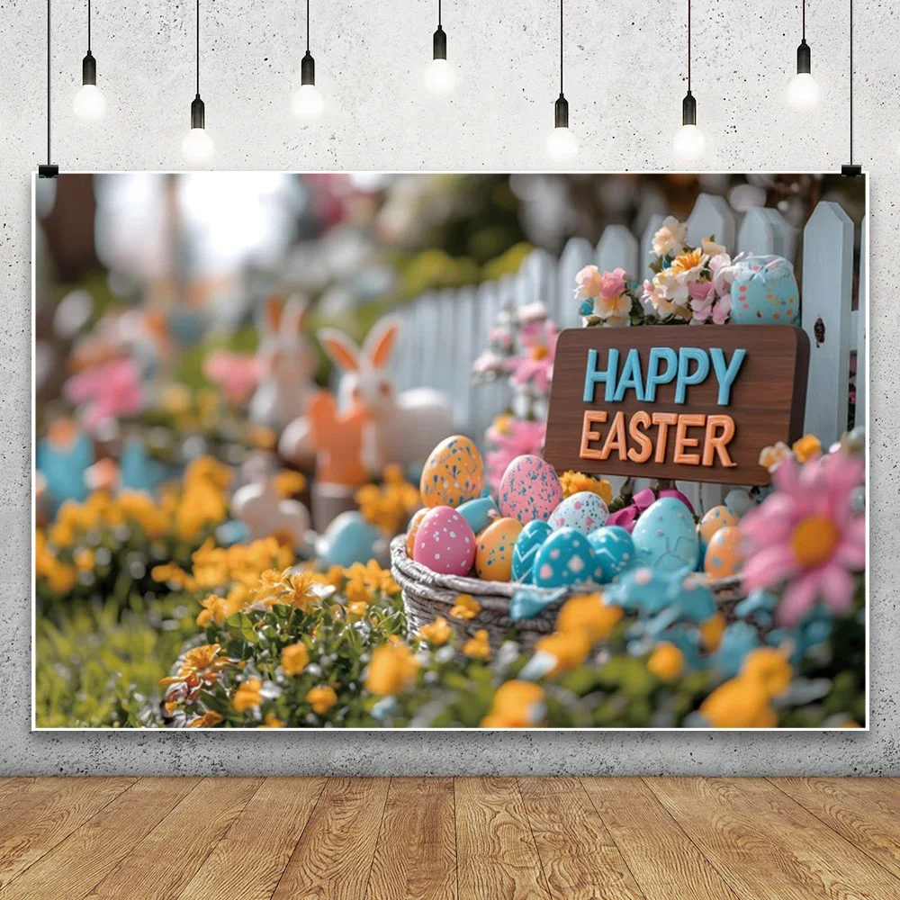 

Happy Easter Photography Backdrop Spring Rabbit Colorful Eggs White Fence Grass Flower Kids Birthday Party Background Banner