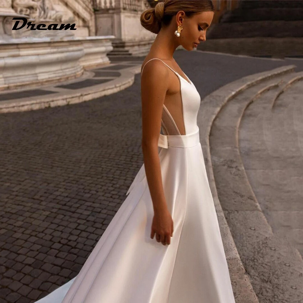 DREAM Customized Satin Spaghetti Straps A-Line Wedding Dresses Sexy Backless Bridal Gowns Sweep Train Vestidos Novias Boda 2025