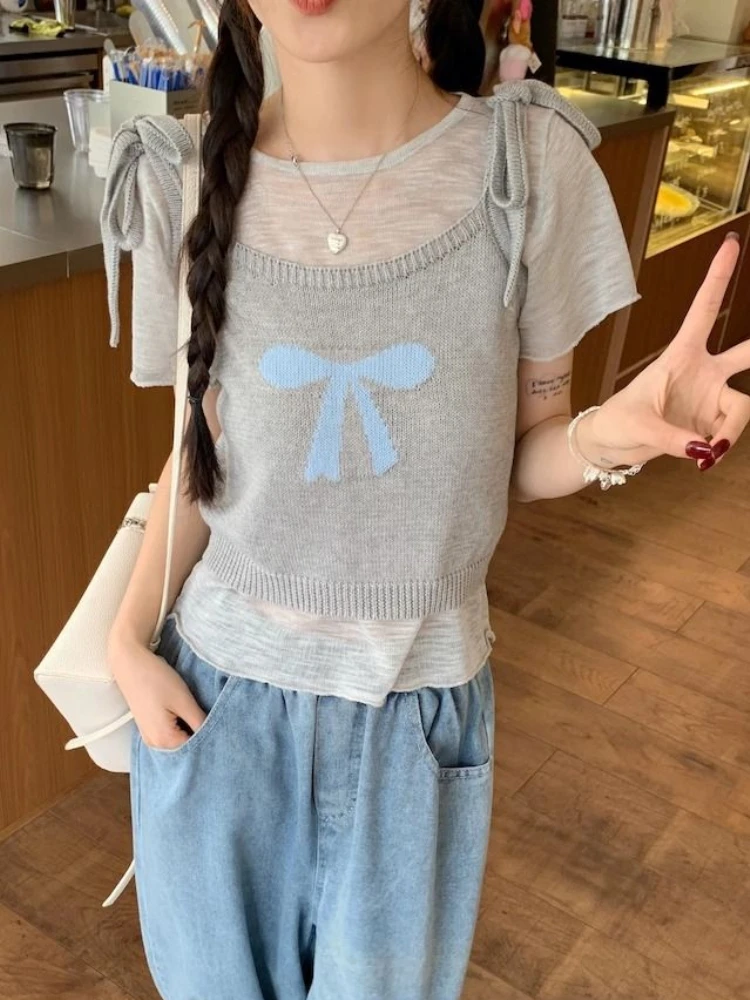 Y2k Harajuku Sweet T Shirts for Women Short Sleeve Solid Color Tops Tees Bow Jacquard Knit Tank Two Piece Set Casual Clothing