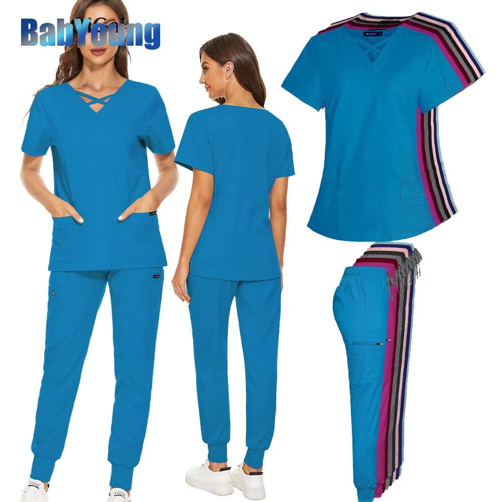 

Short Sleeves Scrub Jacket Trousers Pretty Nurse Outwear Doctor Medical Scrubs Top Pants Hospital Nursing Uniforms Spa Work Wear