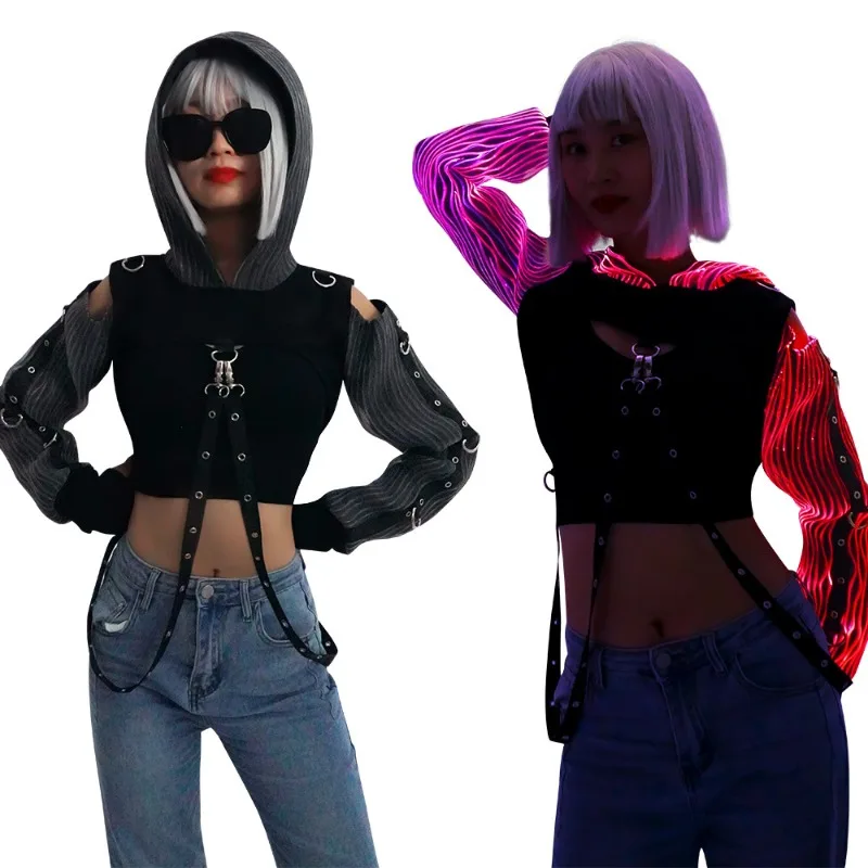

Women's Gothic Black LED Light up Cropped Hoodie Cyberpunk Style Rave Party Clubwear for Performance