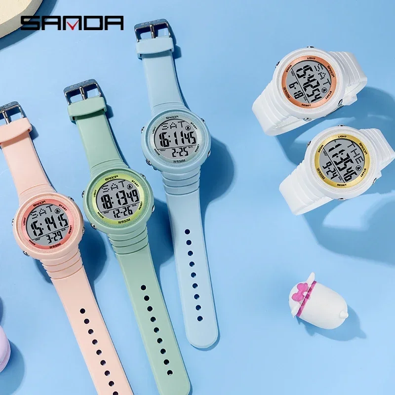 SANDA แฟชั่น Casual สีเขียวซิลิโคนมัลติฟังก์ชั่นาฬิกาอิเล็กทรอนิกส์แบรนด์หรูนาฬิกาผู้หญิง Luminous 50M นาฬิกากันน้ํา