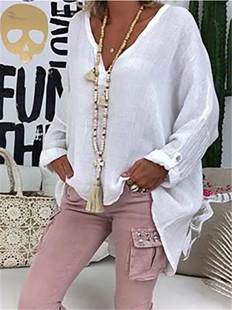 Plus Size Women\'s Summer New V Neck Solid Top Casual Women Linen Shirt Round Neck T-shirt Short Sleeve Tops Loose Blouse