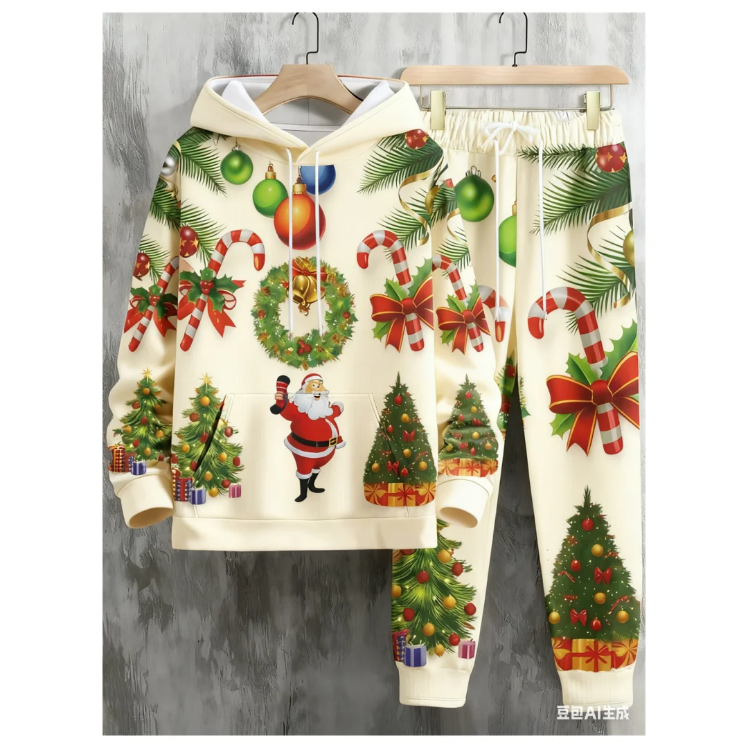 

Рождественский мужской костюм с капюшоном с 3D принтом Санта-Клауса, мужские и женские толстовки, брюки, комплекты из 2 предметов, повседневные новые толстовки и свитшоты большого размера