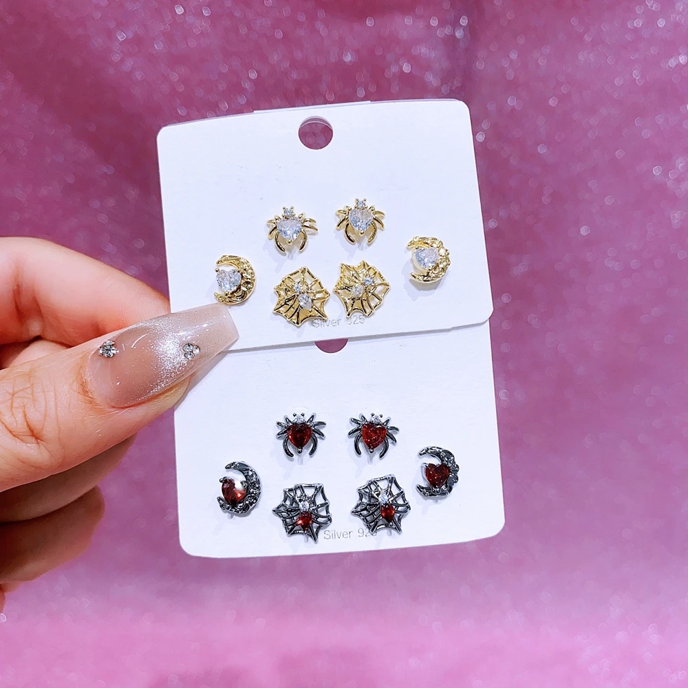 MIGGA 3 Pairs/Set Cool Spider Cobweb Stud Earrings Gold/Black Color Cubic Zirconia Women Jewelry