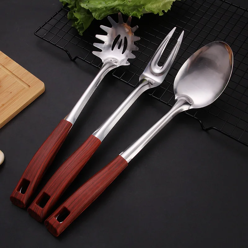 Wooden Handle Frying Spatula Tongue Spoon Stainless Steel BBQ Meat Fork Colander Home Cooking Pots Set Kitchen Accessories