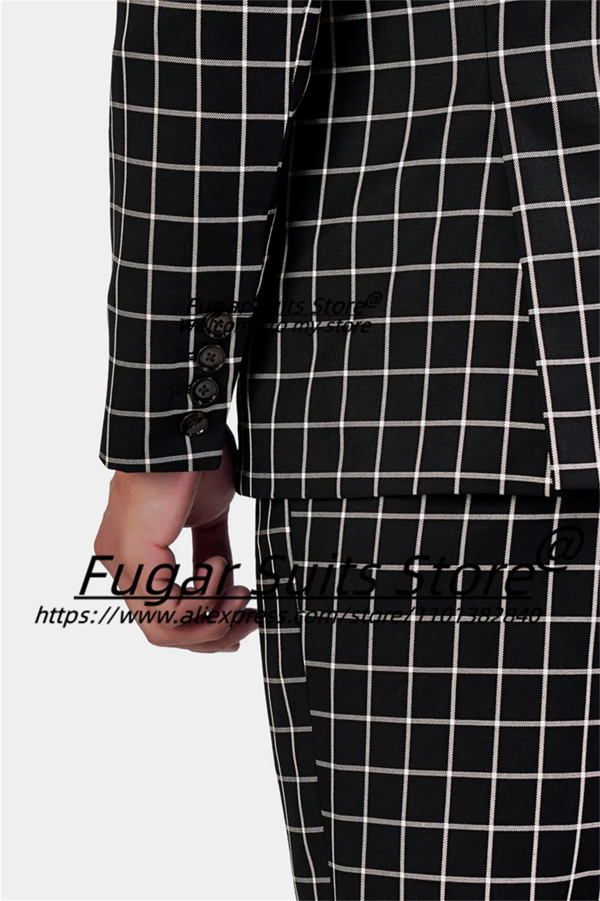 Business Black Background and White line Small Grid Men Suits Slim Double Breasted 3 Pcs Sets Business Male Blazer Ropa Hombre